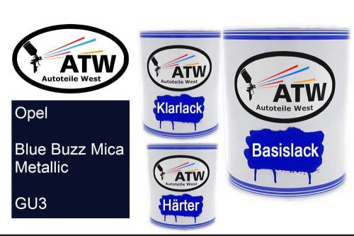 Opel, Blue Buzz Mica Metallic, GU3: 1L Lackdose + 1L Klarlack + 500ml Härter - Set, von ATW Autoteile West.